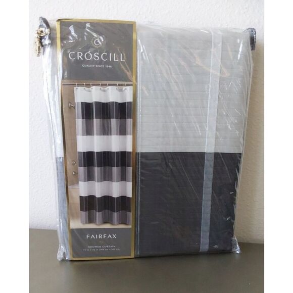 CROSCILL Black Grey White Striped Polyester Fairfax Shower Curtain 72 x 72 In - Picture 1 of 9